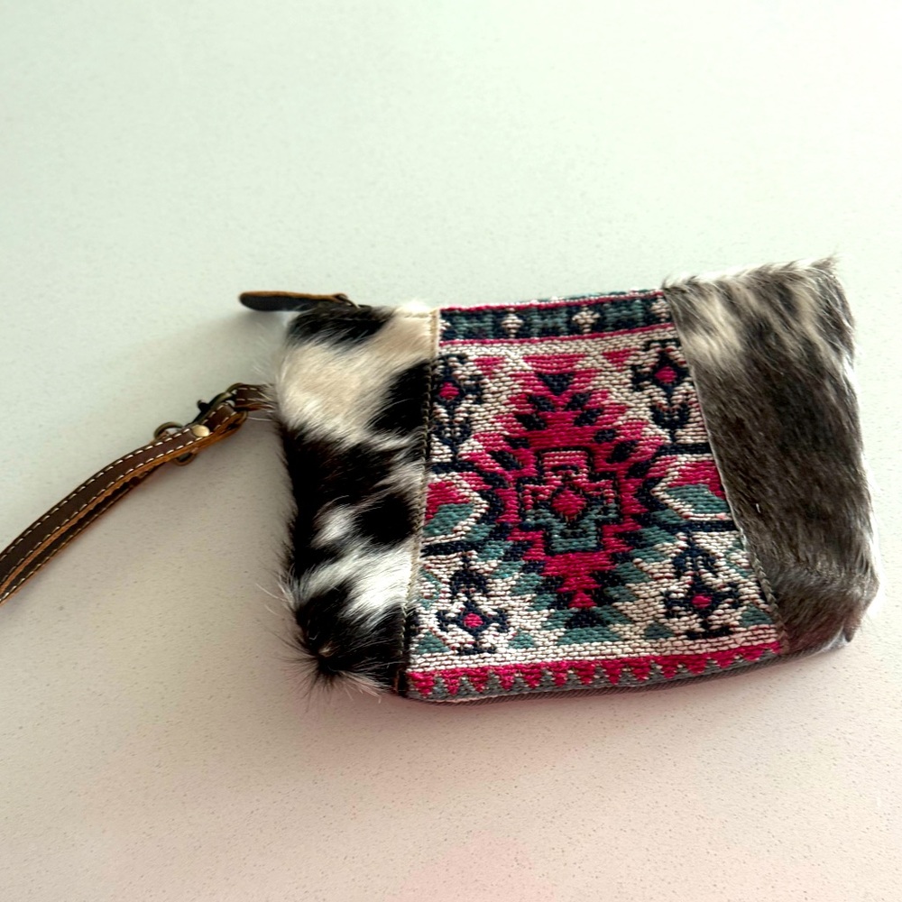 MYRA BAG Hair-On Leather Cow Hide Embroidered Small Pouch Wristlet NWOT